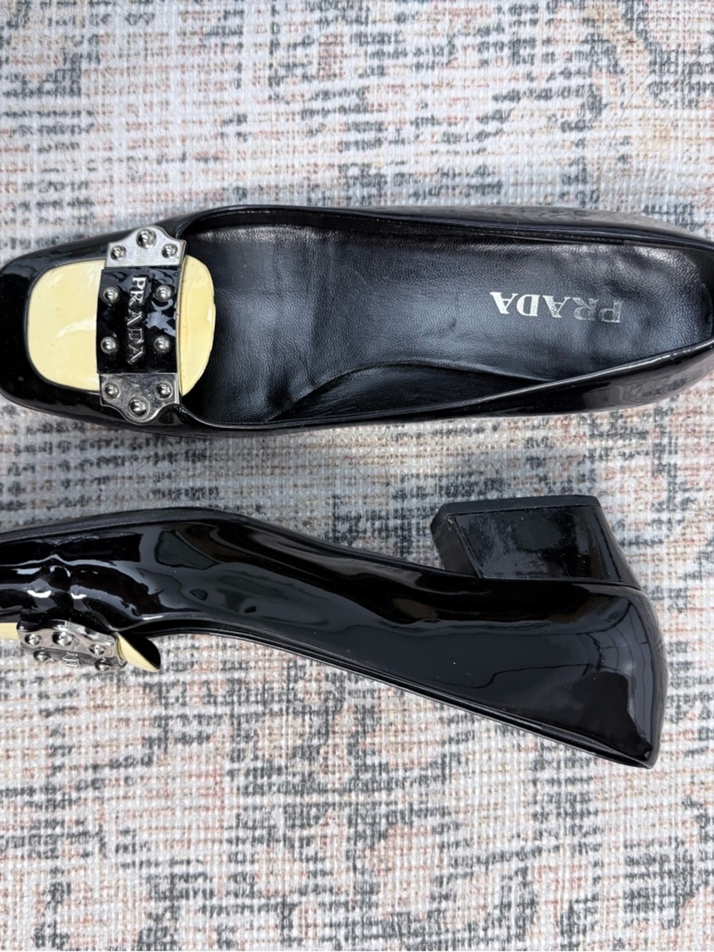 Vintage Prada Black Patent Leather Studded Buckle Flats with Cream Inset